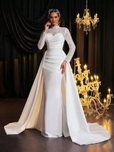 Glamrae Elegant Luxurious Beige Lace Patchwork Satin Ruched Open Slit Mermaid Maxi Dress, Suitable For Weddings, Engagement Parties, Honeymoon